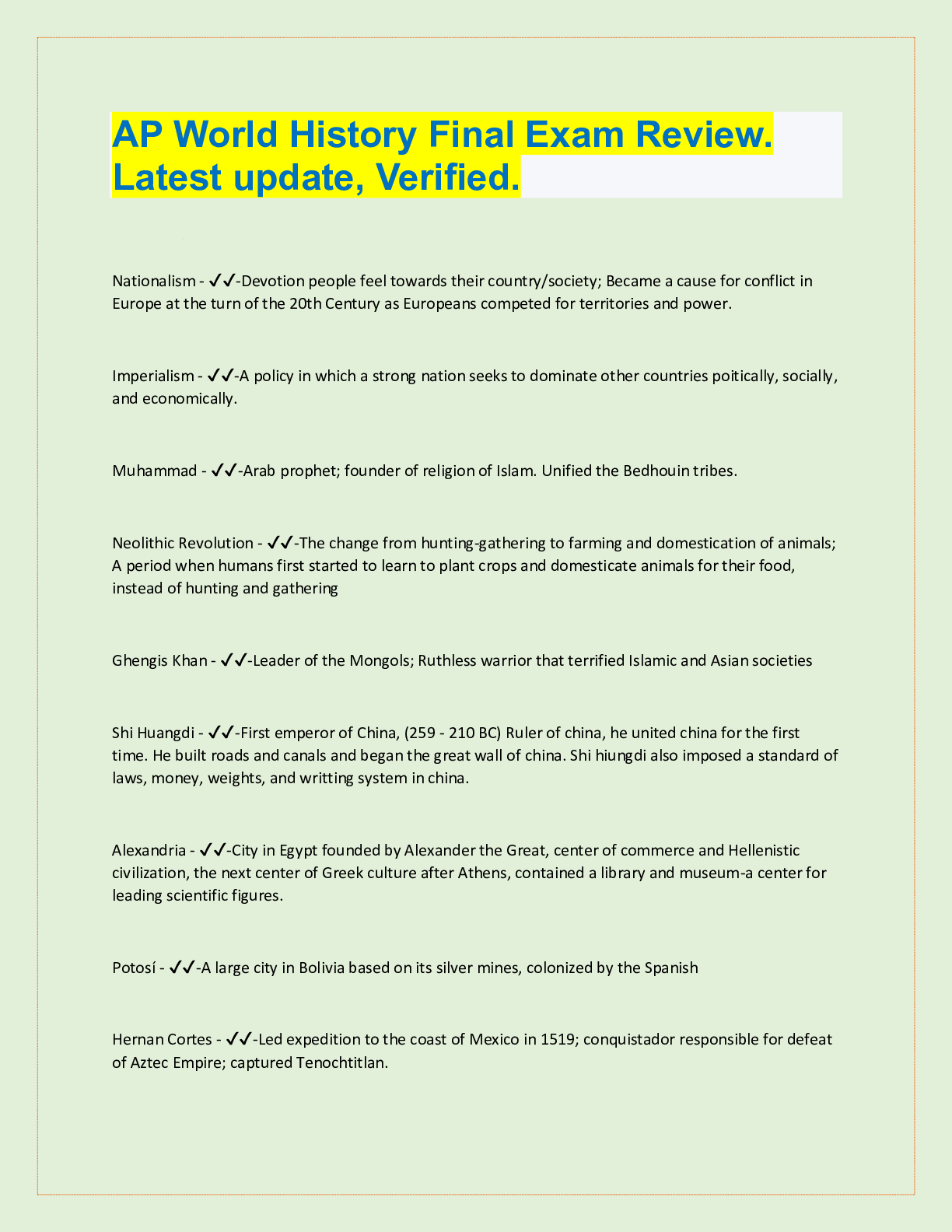 AP World History Final Exam Review. Latest update, Verified. Browsegrades